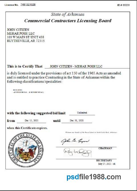 USA Arkansas Commercial Contractors License